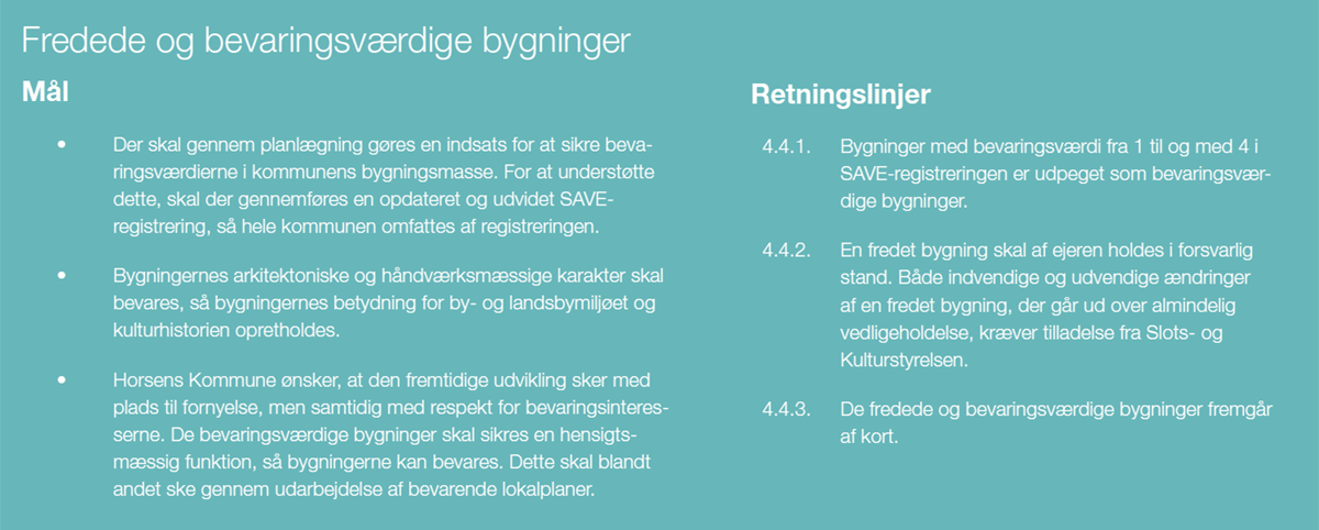 Mål og retningslinjer for fredede og bevaringsværdige bygninger, Kommuneplan 2021-2033 for Horsens Kommune.