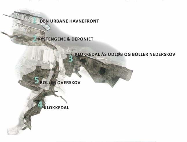 Oversigtskort med omgivelserne omkring planområdet, herunder Klokkedal Skov, Boller Over- og Nederskov, Klokkedal Å samt kysten og havneområdet.