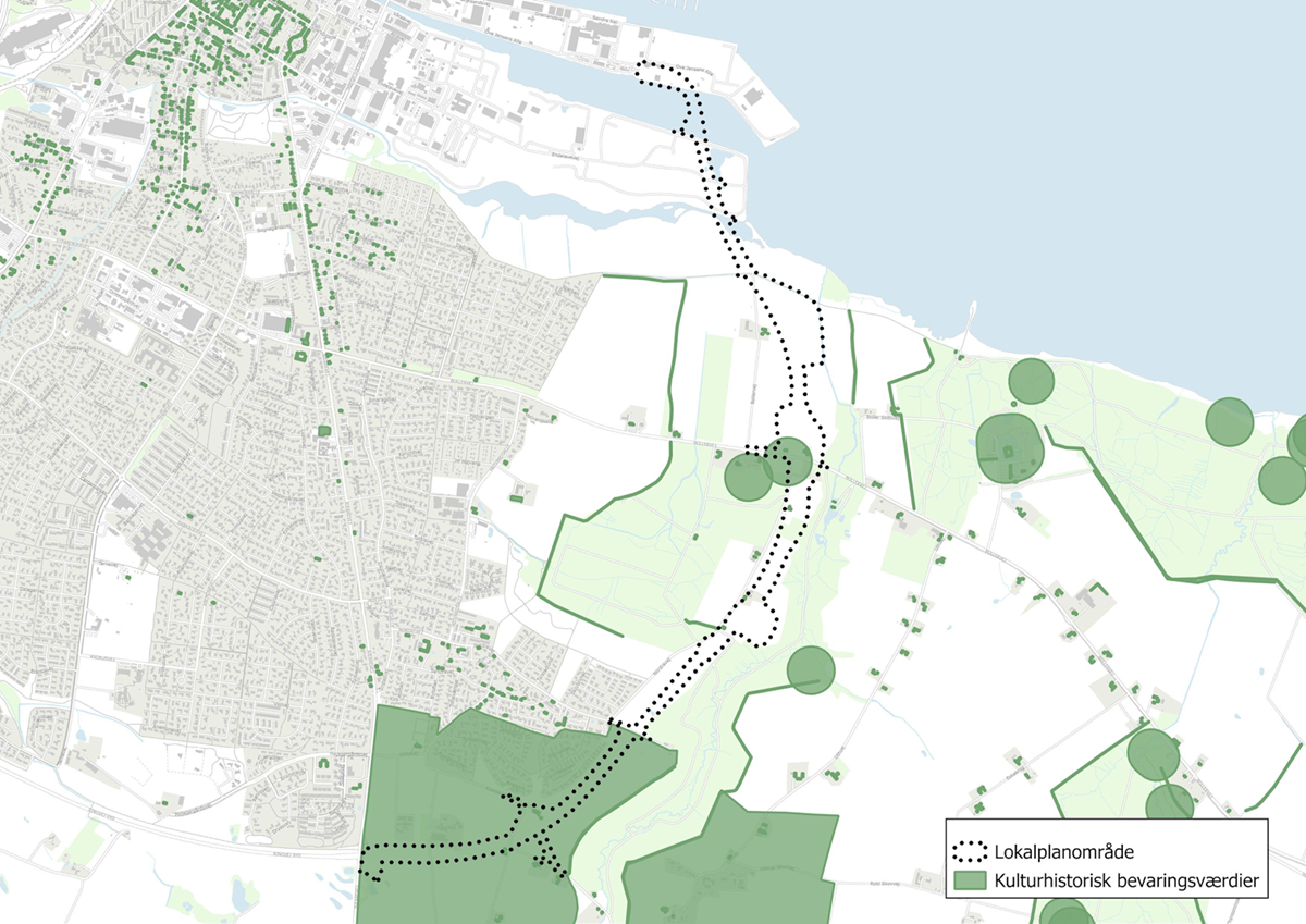 Oversigtskort med kommuneplanens udpegning af kulturhistoriske bevaringsværdier i forhold til lokalplanområdet.