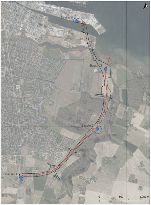 Oversigtskort med principiel placering af regnvandssøer.