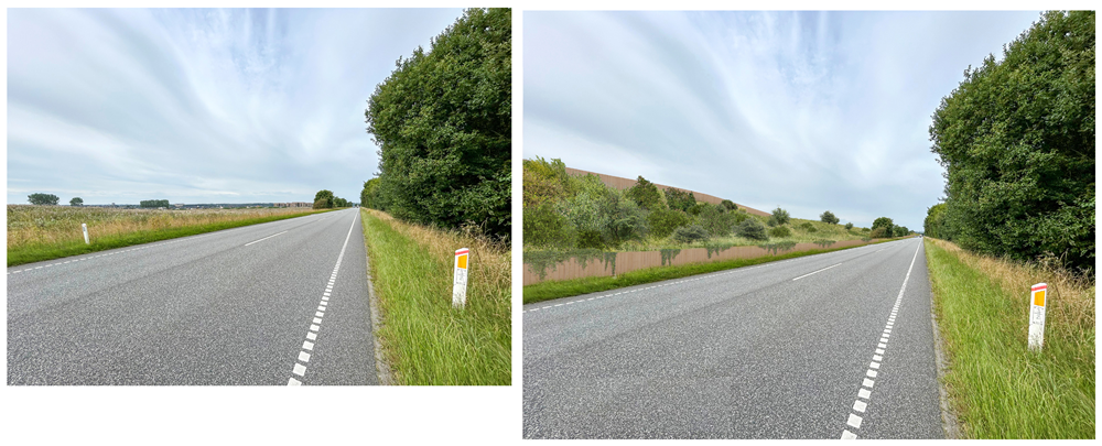 Visualisering af støjvold med støjskærm på toppen af vold og støttemur ved foden af volden.